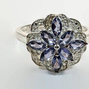 Tanzanite Ring, Sterling Silver: Vintage Cluster Flower Purple Blue